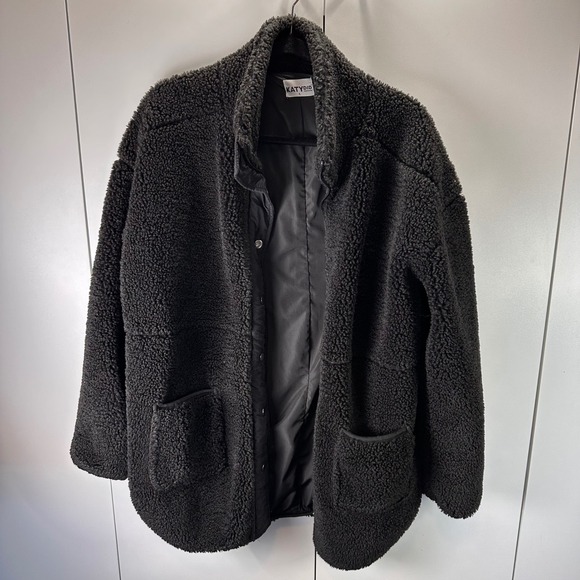 Katy Did Womens Black Sherpa Jacket Coat Snap Front Pockets Casual Large - Picture 1 of 5